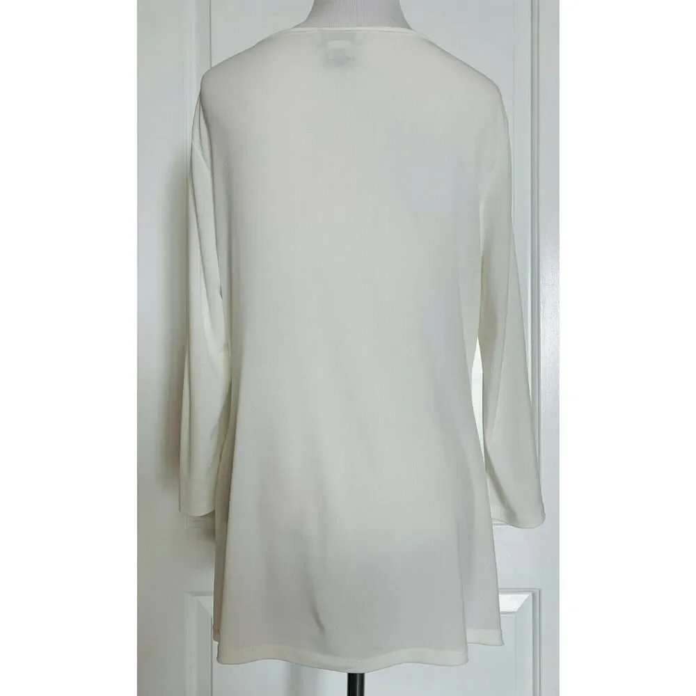 $225 CARMEN MARC VALVO White 3/4 Sleeve Slinky Blouse Tunic Gold Zipper Detail M - Picture 3 of 8